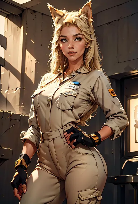 (masterpiece, best quality), 1girl, <lora:BarfaLora:0.8> 1girl, blonde long hair, fingerless gloves, animal ear fluff, dog ears, overalls, name tag
