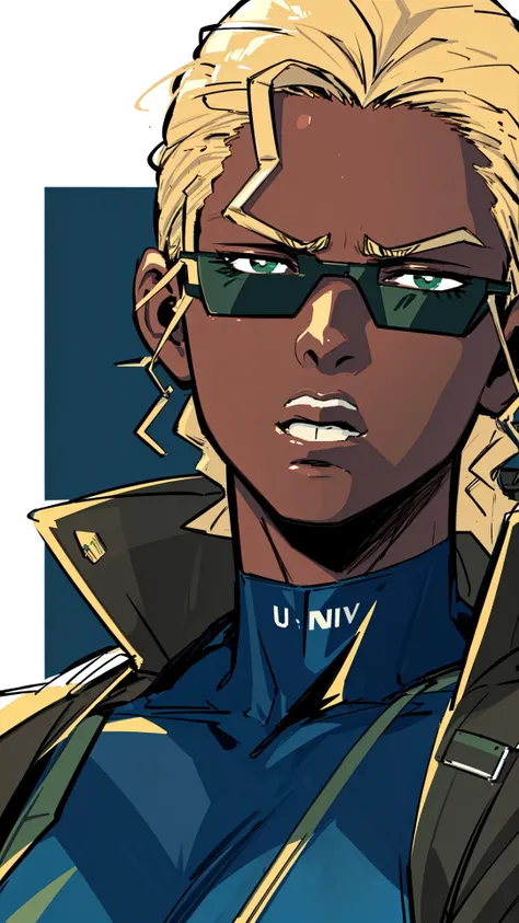 fone, (((bust up view))), 1woman, dark skin, blonde hair, black sunglasses, light lipstick, dark blue skintight tank outfit, green coat, military, text "U.S. Navy" on outfit, fingerless gloves, muscular, 8k, 16k, trending on pixiv, fanbox, skeb, masterpiece, detailed face, digital painting, <lora:fone:0.7>