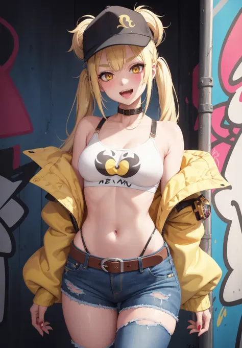 Original Character, Volumetric Lighting, Best Shadows, Shallow Depth of Field, Portrait Of Stunningly Beautiful Girl, Petite, Delicate Beautiful Attractive Face With Alluring Yellow Eyes, Messy Painted Face, Sharp Eyebrows, Broadly Smiling, Open Mouth, Fangs Out, Lovely Medium Breasts, Layered Long Twintail Blond Hair, Blush Eyeshadow, Thick Eyelashes, Applejack Hat, Oversized Pop Jacket, Mini Underboob Tee, Open Navel, Slim Waist, Denim Jeans Pants, With Buckle Belt, In The Graffiti Alley, Waste Container, Outside Stairs, Outdoor Unit, Holding Spray Paint Can, Standing, (Highest Quality, Amazing Details:1.25), (Solo:1.3), Brilliant Colorful Paintings