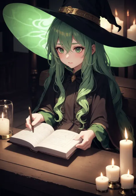 original character , beautiful girl with green wavy hair , witch hat , sitting in a dimley lit room , candles , casting a spell , sitting on the floor , dark room , reading a spell book, looking away , shallow depth of field , rendered , stunning details