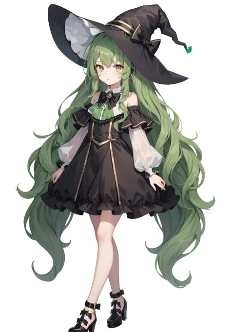 vtubermodel , 1girl , green wavy hair , witch hat , white background , full body