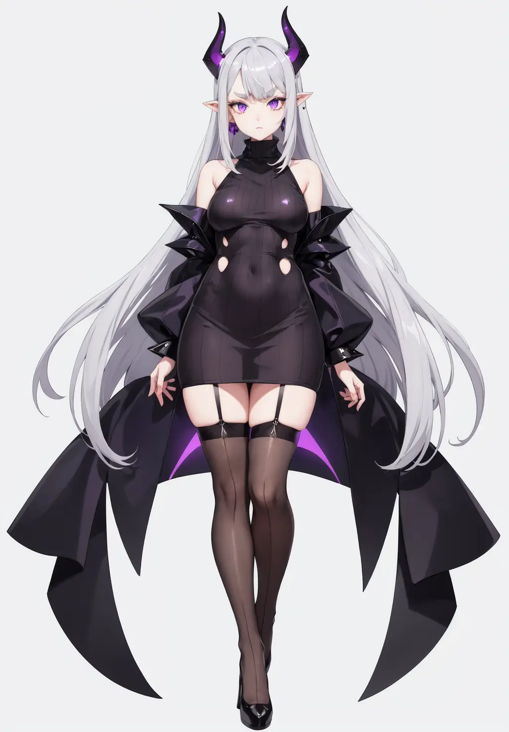 vtubermodel, (white background:1.2) , 1girl , long grey hair , purple galaxy eyes insanely detailed , crystal horns , light grey sweater with shoulder cut out , brown stockings , thick eyeslashes , sharp eyebrows , shallow dpeth of field, see through bangs , (full body:1.2) , extremly detailed , the most beautiful shot ever,