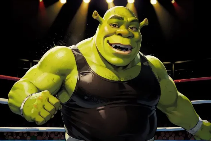<lora:shrekDiffusionLora_swamp10:0.7> shrek standing in a boxing ring, sweating, (dynamic pose:1.3), boxing ring background