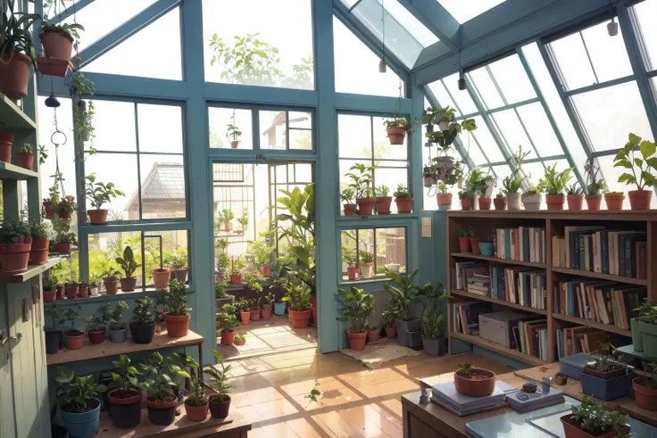 greenhouse, wide shot, (cute interior:1.5),(warm glow), plants, hanging plants, large windows, (messy room:1.1)