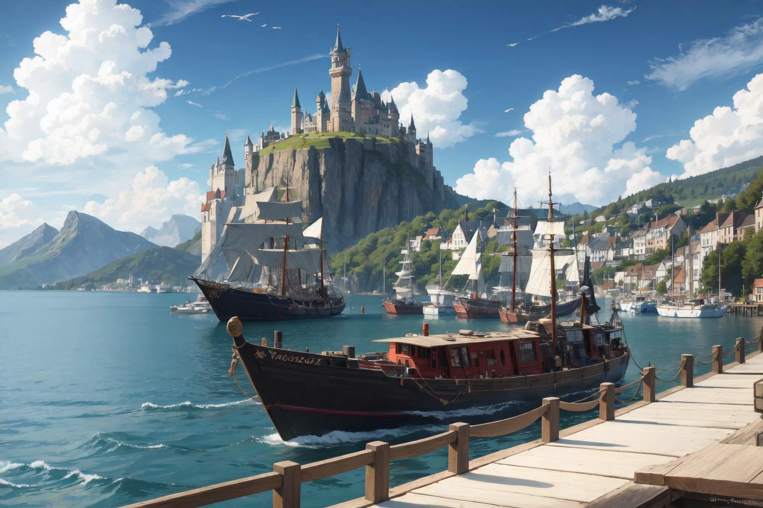 (high fantasy, medieval:1.2), pier, lake town, waterfront, wooden boats, cloud, mountain