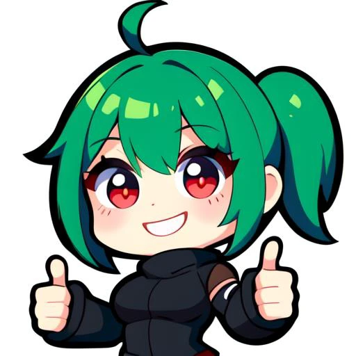 1girl, solo, (twitch emote:1), chibi, green hair , red eyes, thumbs up, smiling, upper body, cartoon, white background, sticker, thick black outlines, <lora:twitchEmotesLORA_v13:0.5>