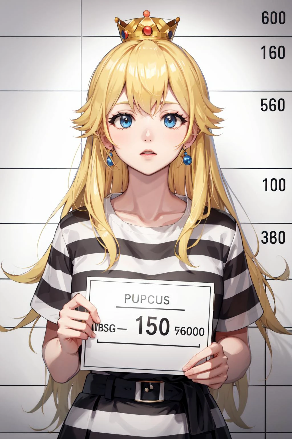 <lora:mugshotLora_mugshot:0.5>, mugshot, height chart, 1girl, upper body, holding sign, looking at viewer, prison clothes, striped shirt, princess peach, blonde hair, crown, <lora:princessPeachCharacter_v10:0.5>
