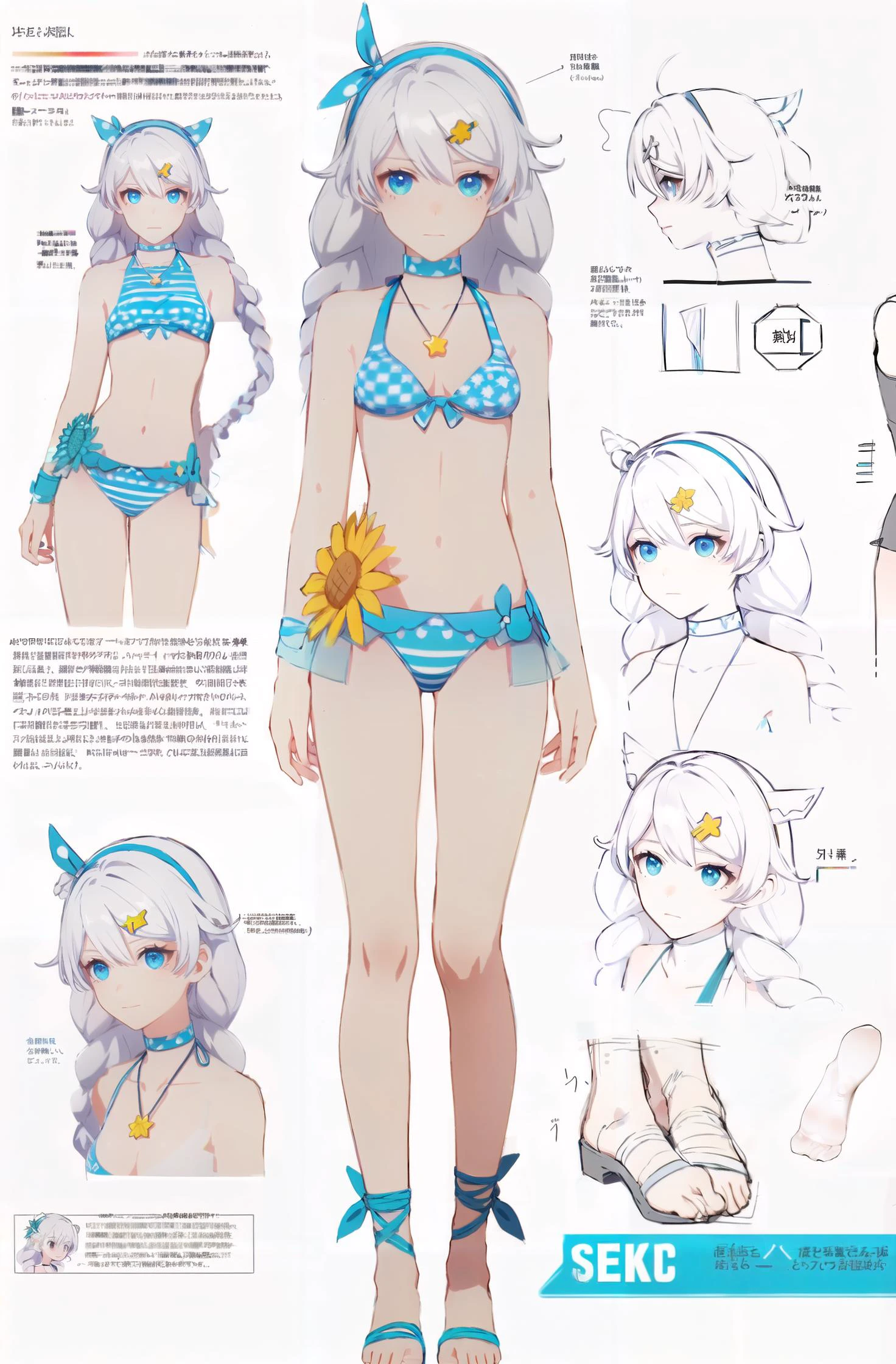 multiple views, pencil sketch, (sketch:1.25), (,small breasts,), ((no shoes)), shy, best quality, graphite \\(medium\\), ske, gradient, rainbow, note, Line draft, highres, absurdres, (ultra-detailed:1.1), (illustration:1.1), (infographic:1.2), pajamas, (all clothes configuration:1.15), (solo), perfectly drawn hands, standing, cohesive background, paper, action, (character design:1.1),
<lora:xuetu-yz-v100:0.8:lbw=OUTALL>, yz, swimsuit, blue eyes, bikini, long hair, sunflower, twin braids, braid, necklace, hair ornament, hairband