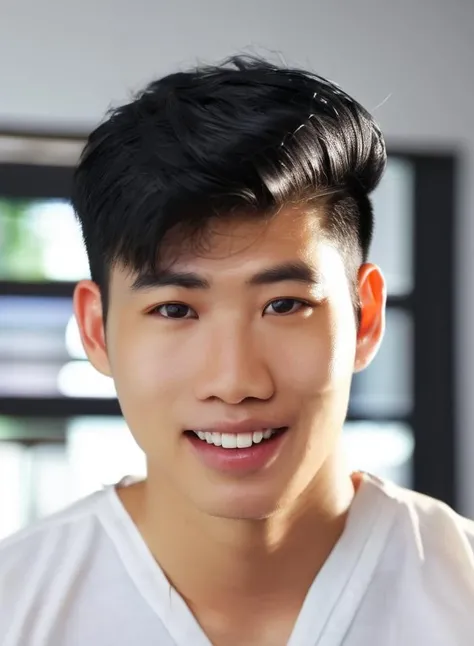 realistic, 8k uhd, soft lighting, high quality, a asian young man with a white shirt and a black haircut and a smile on his face and chest, looking at viewer, male focus, bangs, black eyes, black hair, collared shirt, lips, looking at viewer, nose,