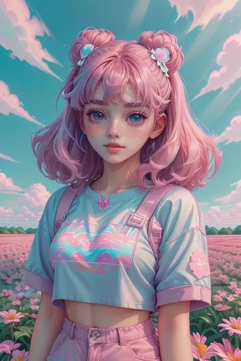 cutecore vaporwave style, woman, flowery field, dawn, <lora:Cutecore_Vaporwave:0.7>
