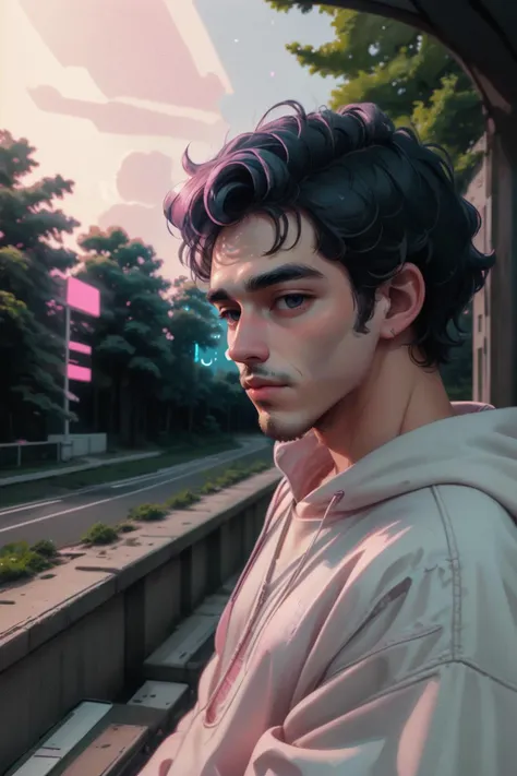 [:cutecore vaporave style:0.3], a man, evening, outdoors, <lora:Cutecore_Vaporwave:1.3>