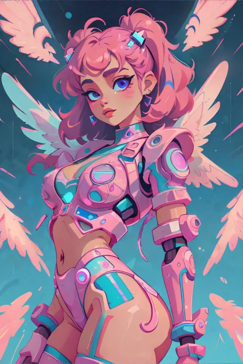 <lora:cutecorevaporwave:0.8>, cutecore vaporwave style, angel woman wearing cyberpunk fashion, robotic angel wings || masterpiece, 8k, high resolution, shallow depth of field, sharp focus