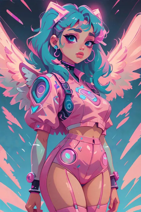 <lora:cutecorevaporwave:0.8>, cutecore vaporwave style, angel woman wearing cyberpunk fashion, robotic angel wings || masterpiece, 8k, high resolution, shallow depth of field, sharp focus