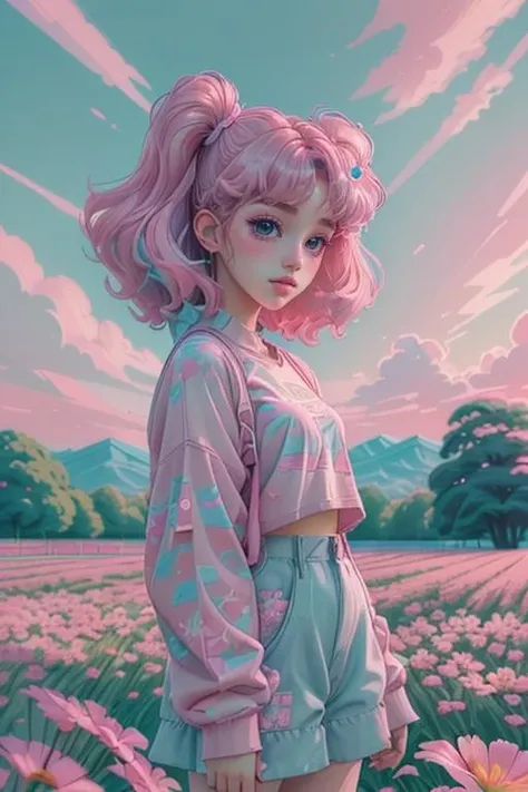 cutecore vaporwave style, woman, flowery field, dawn,  <lora:Cutecore_Vaporwave:0.7>