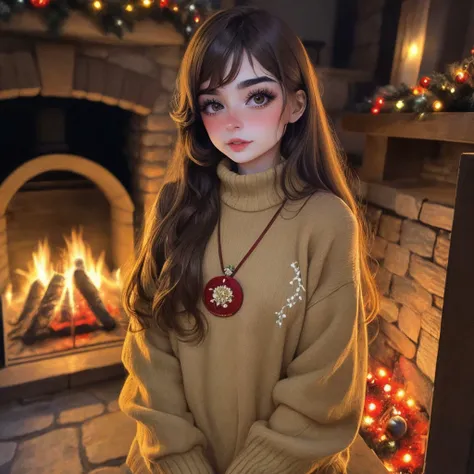 <lora:deputyaruuu_sd15_512_128_64_v1:1>deputyaruuu, 1girl brown weavy hair, wearing a christmas sweater, christmas decoration in background, lit fireplace in background