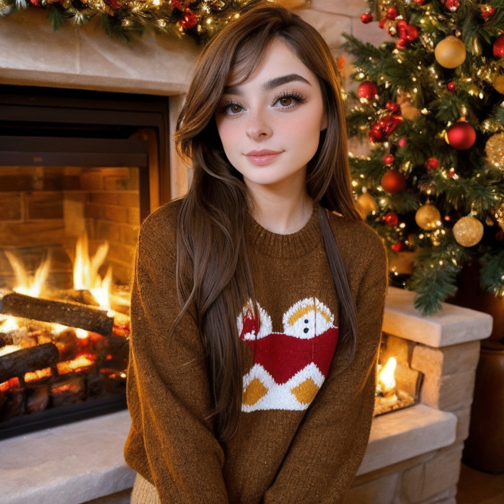 Araffe girl in a sweater sitting in front of a fireplace - SeaArt AI