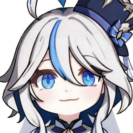 masterpiece, best quality, 1girl, furina \(genshin impact\), chibi, light smile, white background, hair between eyes, heterochromia, top hat, ahoge