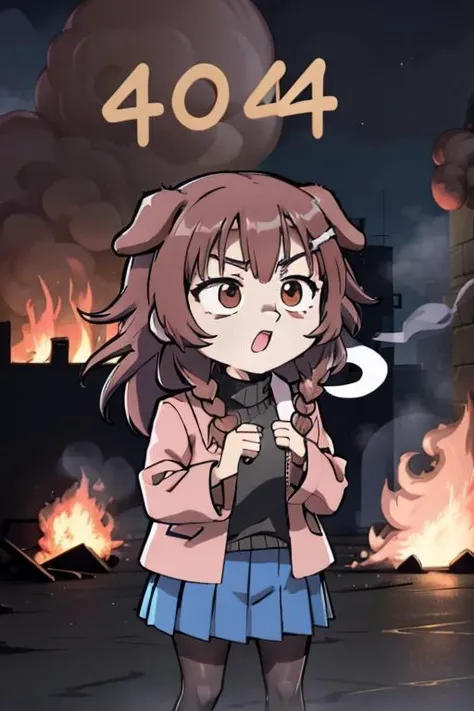 (masterpiece, best quality:1.2),<lora:404:0.9>, Incrs404, english text, 1girl, floppy dog ears, inugami korone, virtual youtuber, fine but killing inside face, brown eyes, chibi, white turtleneck, blue skirt, pleated skirt, pantyhose, outdoors, fire, smoke, dark sky, city, 404, speech bubble says "404 ERROR?", text "404", three digits, burning city