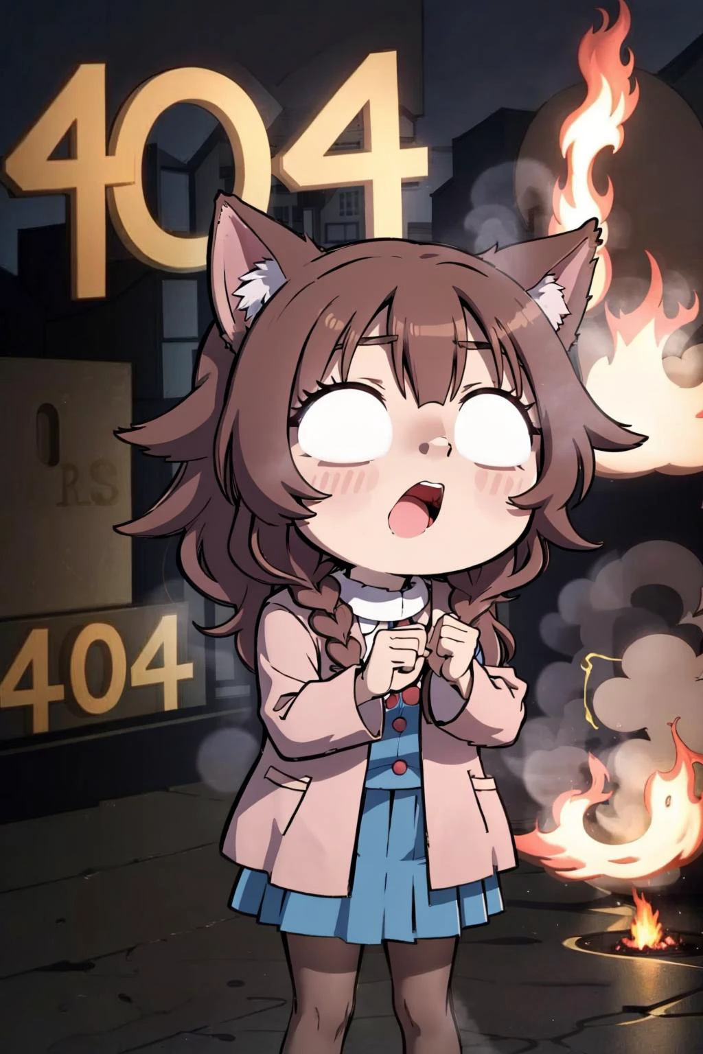 (masterpiece, best quality:1.2),<lora:404:0.9>, Incrs404, english text, 1girl, floppy dog ears, inugami korone, virtual youtuber, surprise face, brown eyes, chibi, white turtleneck, blue skirt, pleated skirt, pantyhose, outdoors, fire, smoke, dark sky, city, 404, speech bubble says "404 ERROR?", text "404", three digits, burning city