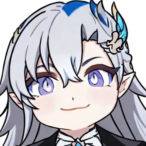 masterpiece, best quality, 1boy, neuvillette, chibi, light smile, close-up, white background, ascot, long hair, blue hair, white hair, multicolored hair, hair between eyes, pointy ears, hair ornament, purple eyes