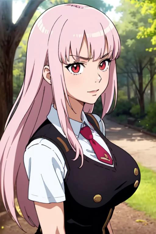 masterpiece, best quality, solo, anime screencap, Mori Calliope, 1 girl,
long hair, white shirt, necktie, big breasts, sweater vest,
depth of field, blurry background, forest, portrait, wind, lens flare, good hands,