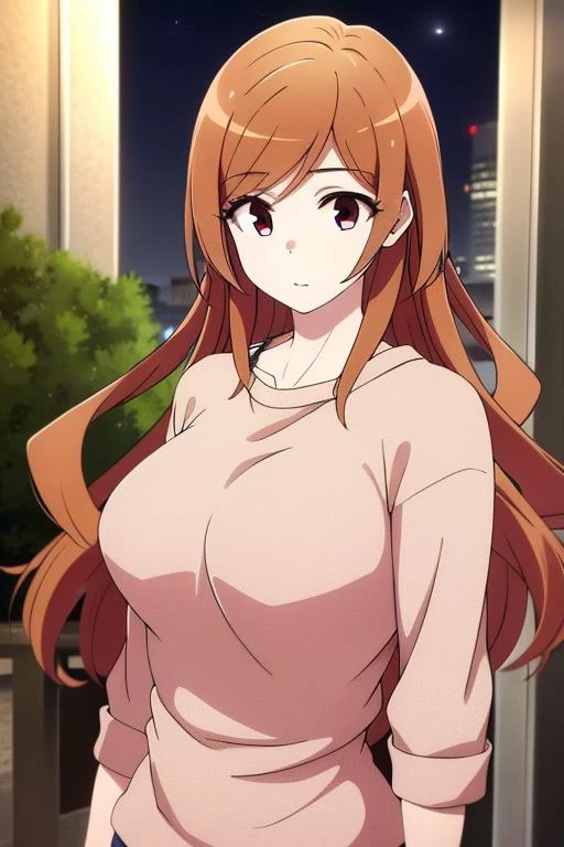 masterpiece, best quality, 1girl, eiko hozuki, brown long hair, wearing casual clothes,outdoor at night background, <lora:Dark Gathering - Eiko Hozuki:0.6> big breast,, (masterpiece, best quality, high quality,intricate details, perfect eyes, detailed eyes:1.2)