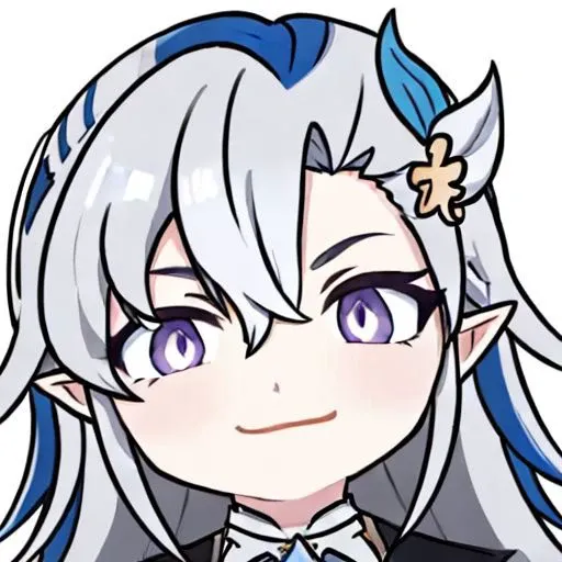masterpiece, best quality, 1boy, neuvillette, chibi, light smile, close-up, white background, ascot, long hair, blue hair, white hair, multicolored hair, hair between eyes, pointy ears, hair ornament, purple eyes