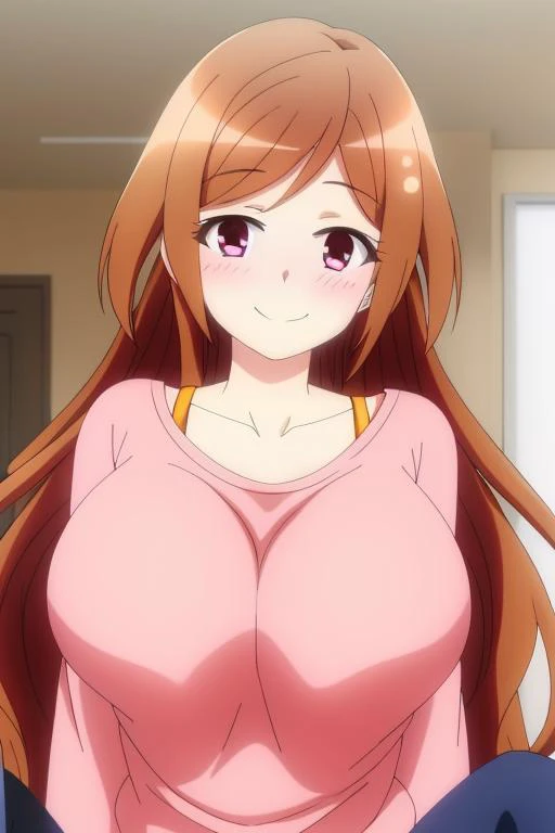 <lora:Dark Gathering - Eiko Hozuki:0.6> masterpiece, best quality, ultra quality, 1girl, Eiko Hozuki, brown hair, long hair, smiling, inside apartment at night, lewd face, blushing, big breast