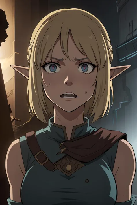 (high quality, best quality, intricate detail, immaculate, masterpiece:1.2), 1girl, solo, anime style, (freezing summer sunrise:0.8), (postapocalyptic:1.2), (fantasy world, elf woman:1.2), (wearing wizard attire:1.2), (very short straight hair:0.9), (color eyes:0.25), (voluptrous body:1.1), (color eyes:1), (scared expression:1.2), (sleeping:0.7), (industrial background:1.3), (rim lighting:1.2), (Tilt:1.1), (Extreme close-up:1.1), (wind:0.75), ( :0.75),
