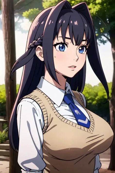 masterpiece, best quality, solo, anime screencap, Kronii, 1 girl,
long hair, white shirt, necktie, big breasts, sweater vest,
depth of field, blurry background, forest, portrait, wind, lens flare, good hands, center