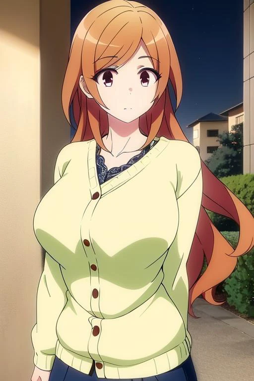 masterpiece, best quality, 1girl, eiko hozuki, brown long hair, wearing cardigan,outdoor at night background, <lora:Dark Gathering - Eiko Hozuki:0.6> big breast,, (masterpiece, best quality, high quality,intricate details, perfect eyes, detailed eyes:1.2)