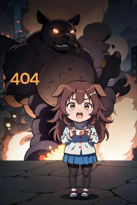 (masterpiece, best quality:1.2),<lora:404:0.8>, Incrs404, english text, 1girl, floppy dog ears, inugami korone, virtual youtuber, fine but killing inside face, brown eyes, chibi, white turtleneck, blue skirt, pleated skirt, pantyhose, outdoors, fire, smoke, dark sky, city, 404, speech bubble says "404 ERROR?", text "404",  three digits, burning city, anime screencap, text bubble