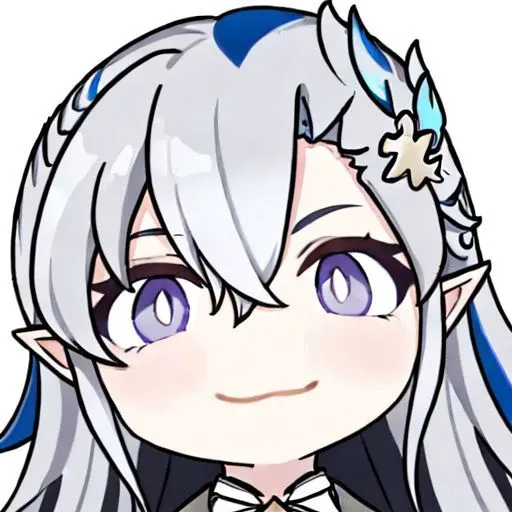 masterpiece, best quality, 1boy, neuvillette, chibi, light smile, close-up, white background, ascot, long hair, blue hair, white hair, multicolored hair, hair between eyes, pointy ears, hair ornament, purple eyes