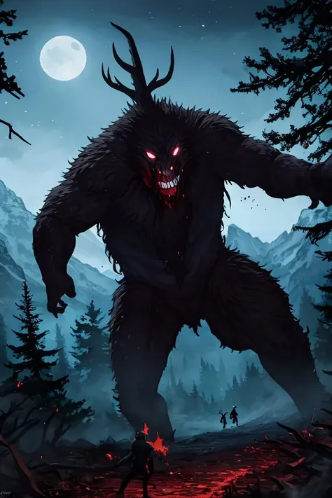 Horror masterpiece, best quality, (action shot, movement blur), combat, greg rutkowski, (focus on terrifying large wendigo roaring, large size difference), fantasy, people fighting it, dark winter night, forest deep dark woods, massive ancient trees, battle, scenery, mountain, outdoors, multiple people, injured people on the ground, (blood splatter flying through the air), trail of carnage, (indirect) moonlight, very detailed, high resolution, sharp, sharp image, 4k, 8k,
