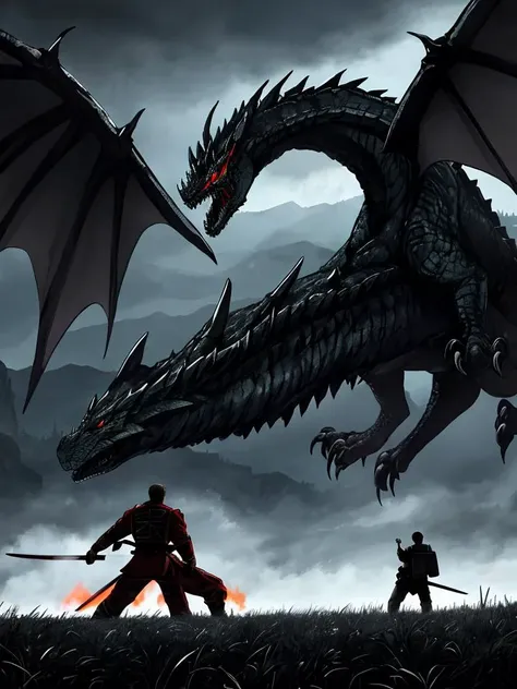 Climactic scene, a samurai with his katana standing in a field facing a distant giant dragon creature with a demonic face, glowing eyes, two outstretched wings, scaled muscular arms sharp claws, ready to start fight, intense scene, fire and air flows, 8k ultrafine detail, attack on titan style, masterpiece, cinematic,(size difference),