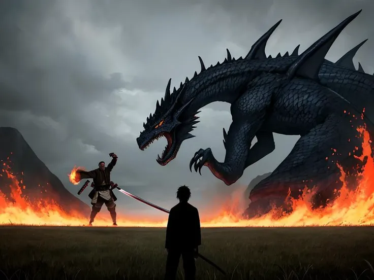 Climactic scene, a samurai with his katana standing in a field facing a distant giant dragon creature with a demonic face, glowing eyes, two outstretched wings, scaled muscular arms sharp claws, ready to start fight, intense scene, fire and air flows, 8k ultrafine detail, attack on titan style, masterpiece, cinematic,(size difference),
