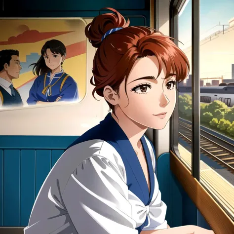 a woman looking out a train window at a city skyline with a train passing by her and a man standing next to her, Ayako Rokkaku, official art, a character portrait, sots art