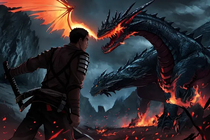 Climactic scene, a samurai with his katana standing in a field facing a distant giant dragon creature with a demonic face, glowing eyes, two outstretched wings, scaled muscular arms sharp claws, ready to start fight, intense scene, fire and air flows, 8k ultrafine detail, attack on titan style, masterpiece, cinematic,(size difference),