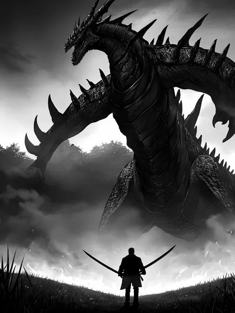Climactic scene, a samurai with his katana standing in a field facing a distant giant dragon creature with a demonic face, glowing eyes, two outstretched wings, scaled muscular arms sharp claws, ready to start fight, intense scene, fire and air flows, 8k ultrafine detail, attack on titan style, masterpiece, cinematic,(size difference),