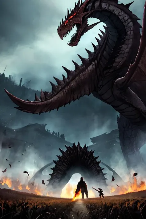 Climactic scene, a samurai with his katana standing in a field facing a distant giant dragon creature with a demonic face, glowing eyes, two outstretched wings, scaled muscular arms sharp claws, ready to start fight, intense scene, fire and air flows, 8k ultrafine detail, attack on titan style, masterpiece, cinematic,(size difference),