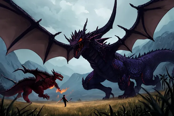 Climactic scene, a samurai with his katana standing in a field facing a distant giant dragon creature with a demonic face, glowing eyes, two outstretched wings, scaled muscular arms sharp claws, ready to start fight, intense scene, fire and air flows, 8k ultrafine detail, attack on titan style, masterpiece, cinematic,(size difference),