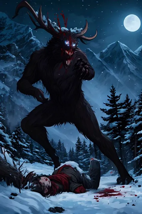 Horror masterpiece, best quality, (action shot, movement blur), combat, greg rutkowski, (focus on terrifying large wendigo roaring, large size difference), fantasy, people fighting it, dark winter night, forest deep dark woods, massive ancient trees, battle, scenery, mountain, outdoors, multiple people, injured people on the ground, (blood splatter flying through the air), trail of carnage, (indirect) moonlight, very detailed, high resolution, sharp, sharp image, 4k, 8k,