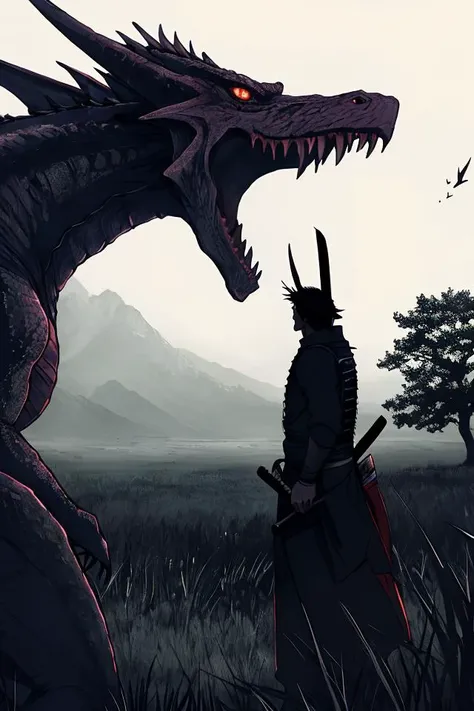 Climactic scene, a samurai with his katana standing in a field facing a distant giant dragon creature with a demonic face, glowing eyes, two outstretched wings, scaled muscular arms sharp claws, ready to start fight, intense scene, fire and air flows, 8k ultrafine detail, attack on titan style, masterpiece, cinematic,(size difference),