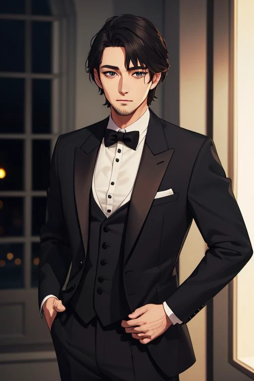 (best quality, masterpiece1.2), (detailed eye:1.2), intricate detail, depth of field, (Male, Masculine:1.2), standing, upper body, wearing tuxedo, at night, dim light