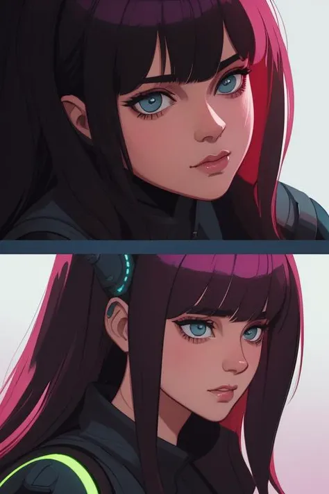 ((masterpiece)), best quality,A beautiful portrait painting of a cyberpunk anime girl by pascal blanche and sachin teng and sam yang and greg rutkowski, in style of colorful comic. symmetry, hyper detailed. octanev render. trending on artstation