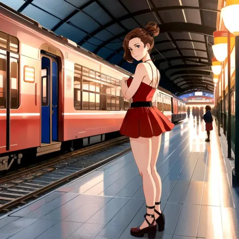 a woman in a red dress standing in a train station next to a train and a train on the tracks, Atey Ghailan, cushart krenz, concept art, sots art