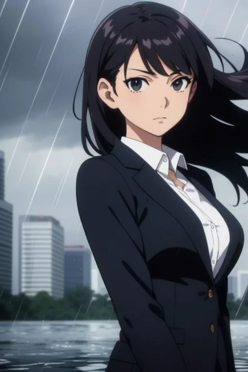 (masterpiece, best quality,) 1girl, anime screencap, long hair, black hair, black eyes, large breasts, suit jacket, shirt, rain, flood, cityscape, depth of field, wind, storm, close-up, partially underwater shot, jakarta, in frame