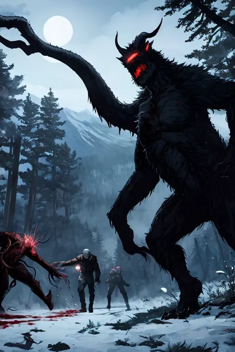 Horror masterpiece, best quality, (action shot, movement blur), combat, greg rutkowski, (focus on terrifying large wendigo roaring, large size difference), fantasy, people fighting it, dark winter night, forest deep dark woods, massive ancient trees, battle, scenery, mountain, outdoors, multiple people, injured people on the ground, (blood splatter flying through the air), trail of carnage, (indirect) moonlight, very detailed, high resolution, sharp, sharp image, 4k, 8k,