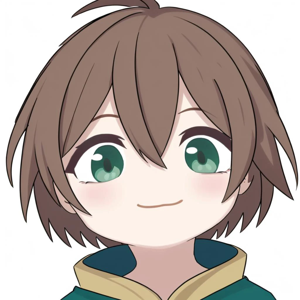masterpiece, best quality, 1boy, closed mouth, smile, looking at viewer,
brown hair, green eyes, bangs, hair between eyes, green shawl, green sarong, short hair,
chibi style <lora:Blue Archive cute Chibi Style:0.6> , <lora:satou_kazuma-10:0.8>