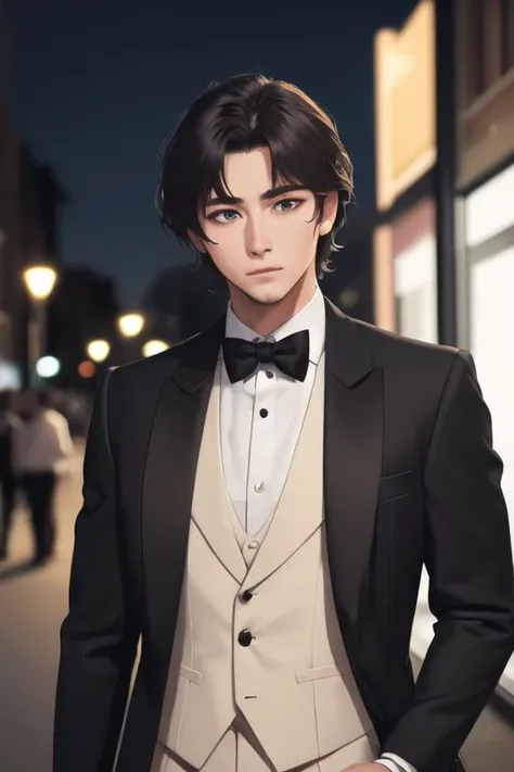 (best quality, masterpiece1.2), (detailed eye:1.2), intricate detail, depth of field, (Male, Masculine:1.2), standing, upper body, wearing tuxedo, at night, dim light
